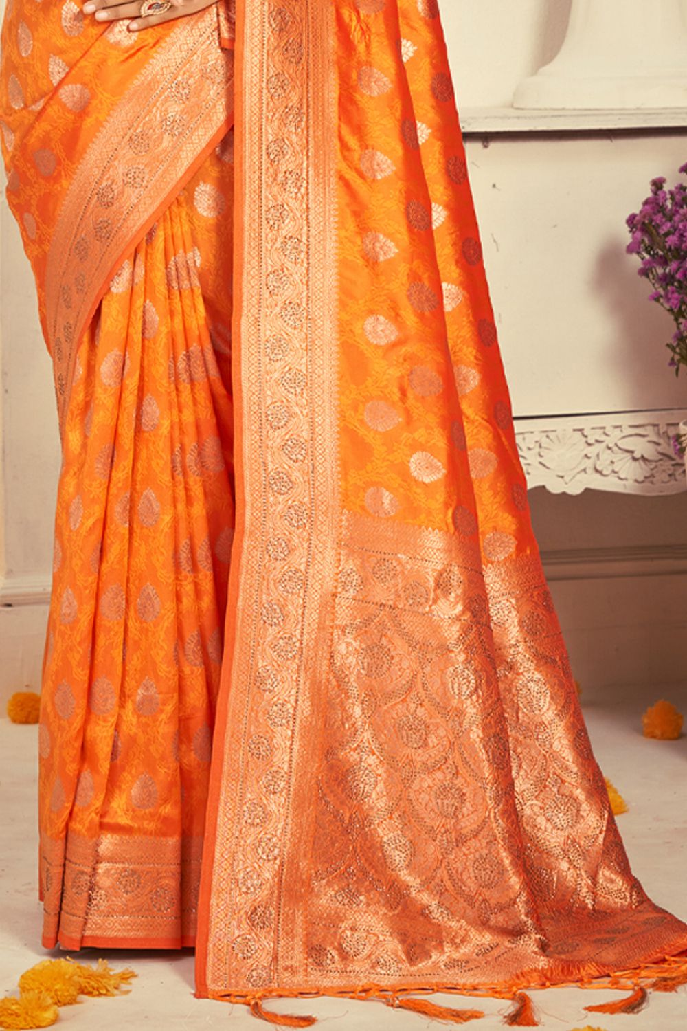 Women's Orange Silk Woven Zari Work Traditional Tassle Saree