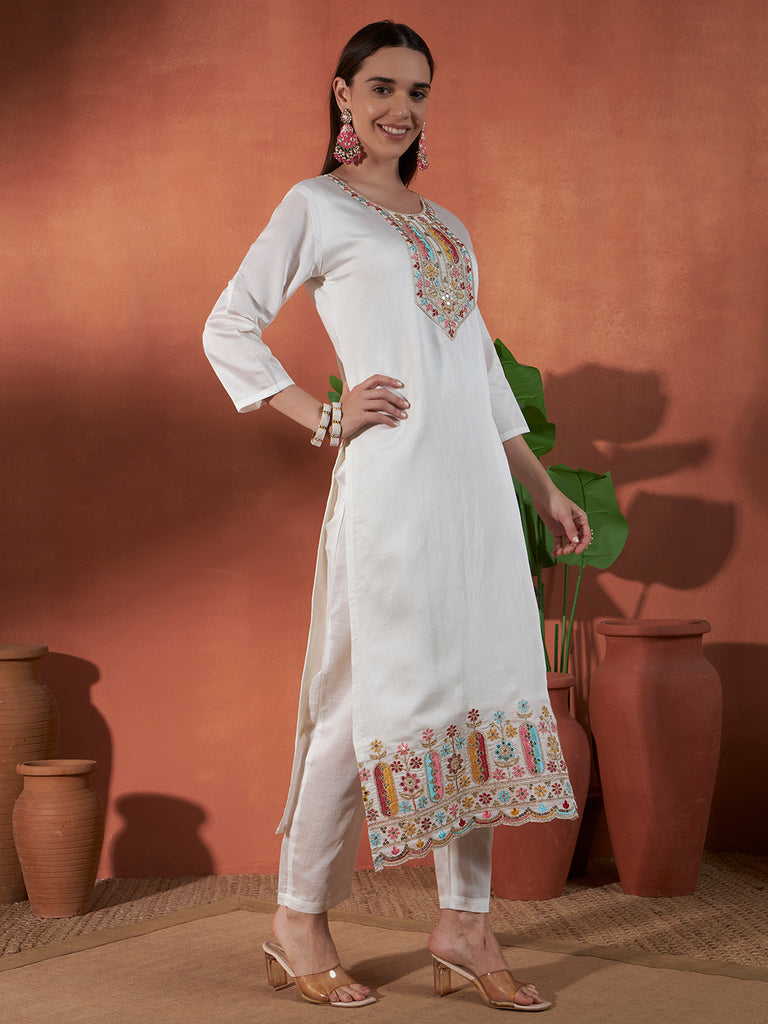 Women's White Vertigan Embroidery Work Kurta Set