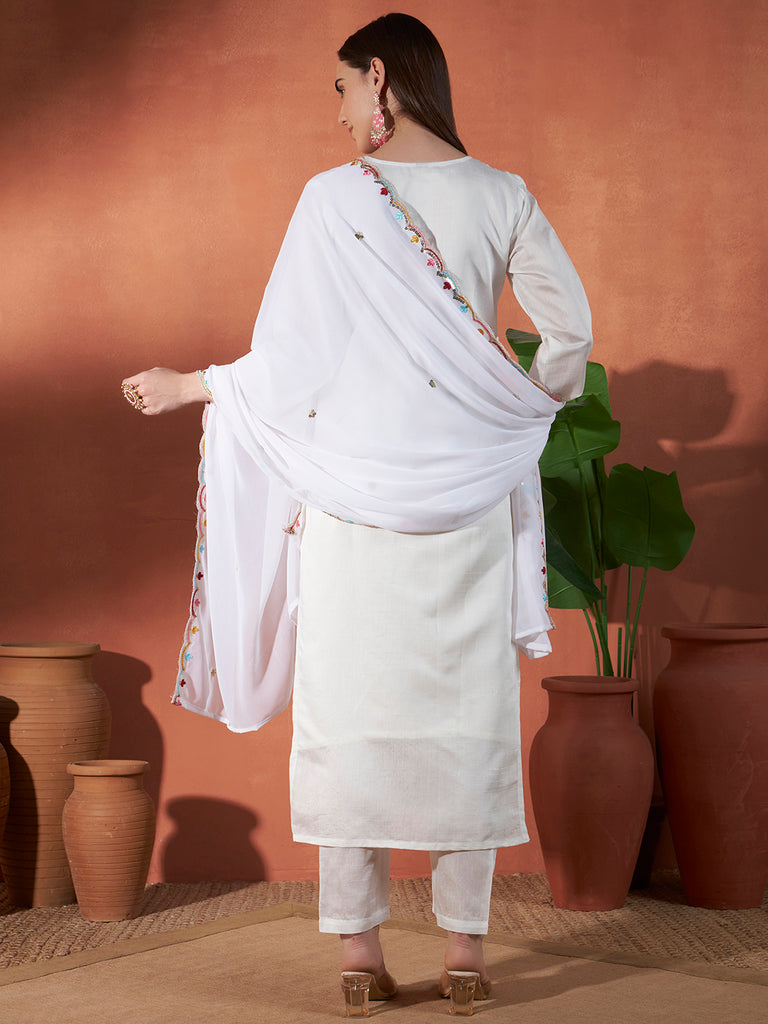 Women's White Vertigan Embroidery Work Kurta Set