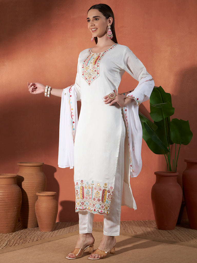 Women's White Vertigan Embroidery Work Kurta Set