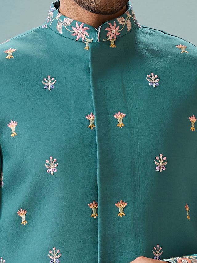 Men's Rama Green Viscose Silk Multi Thread With Sequence Embroidered Work Kurta Set