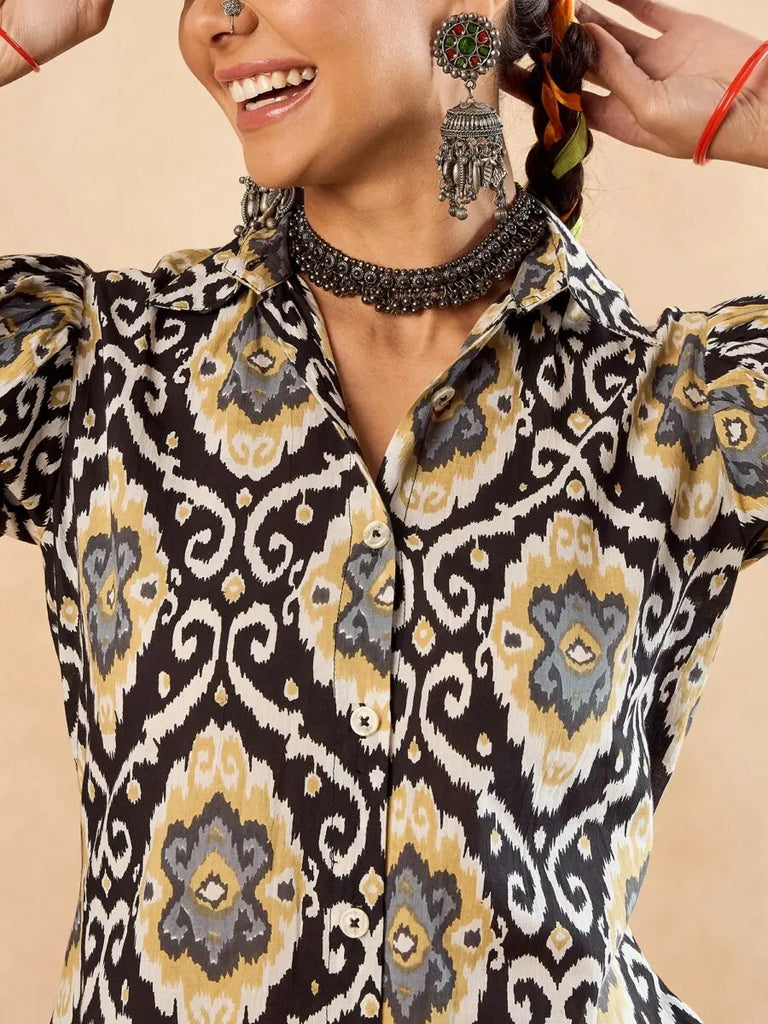 winered-woman-black-geometric-print-front-opening-co-ord-set