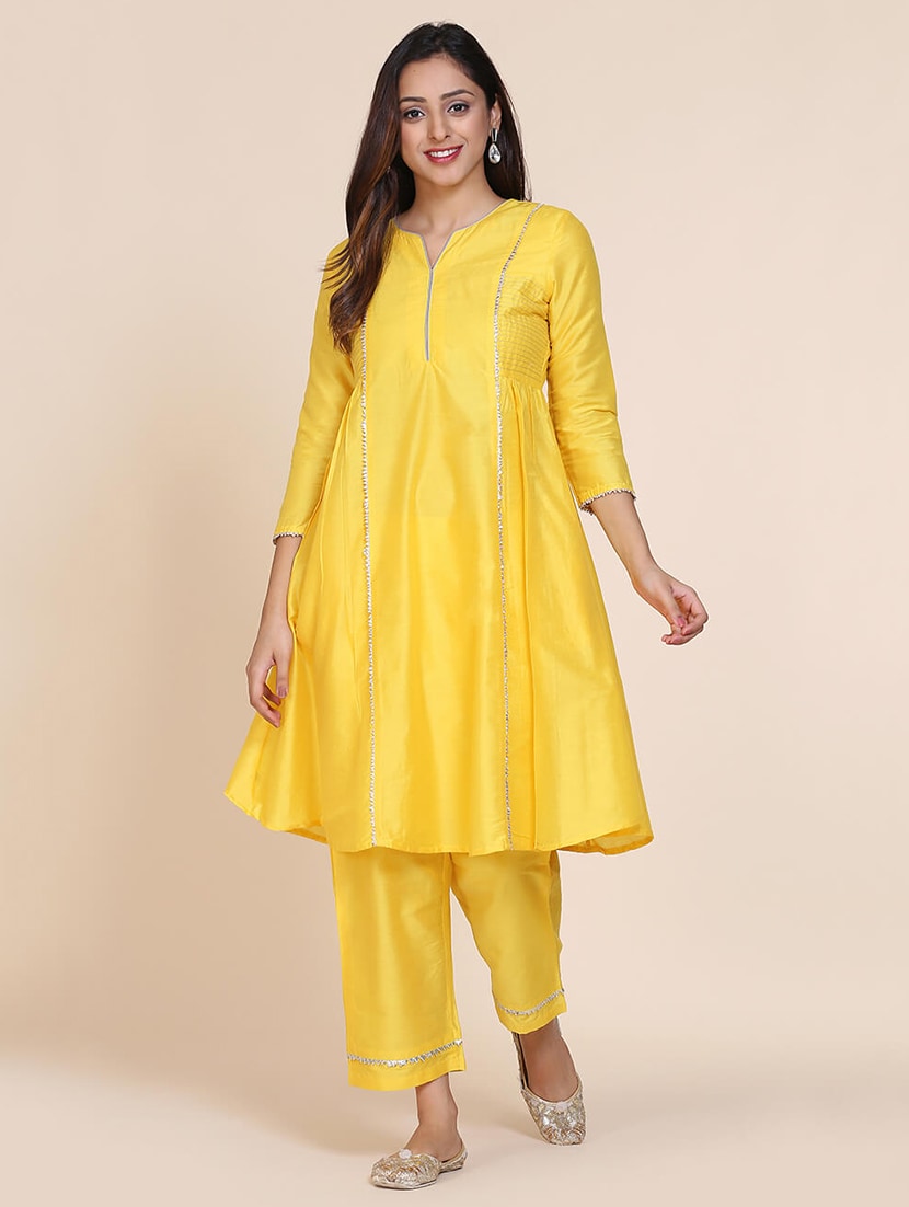 Women's Yellow Embellished Silk Blend Kurta & Pant Set - Cheera