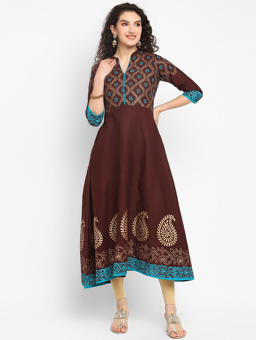 Women's Brown Mandarin Neck Printed Anarkali Kurta - Taantav