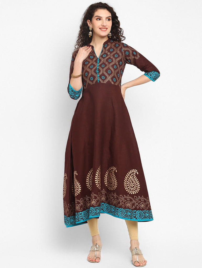 Women's Brown Mandarin Neck Printed Anarkali Kurta