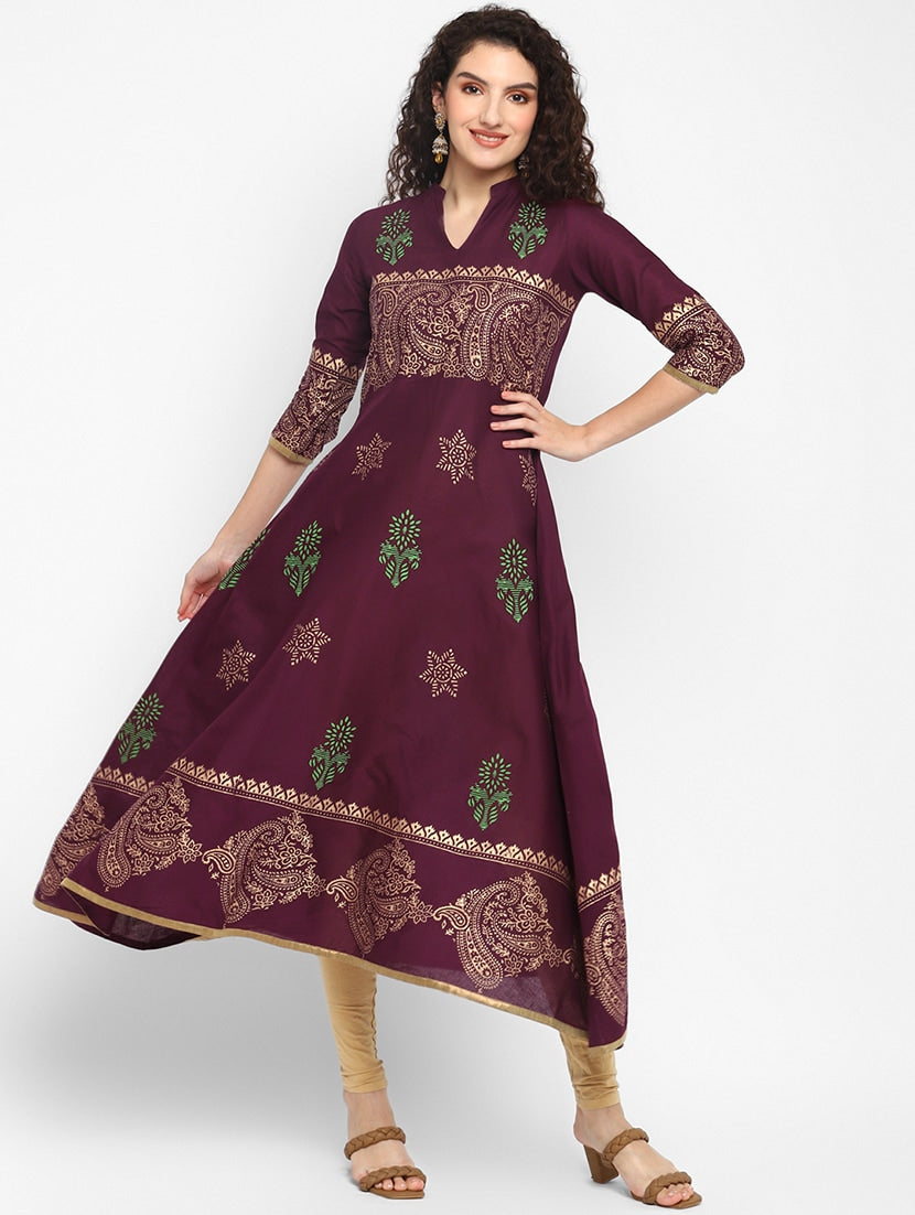 Women's Maroon Mandarin Neck Printed Anarkali Kurta - Taantav