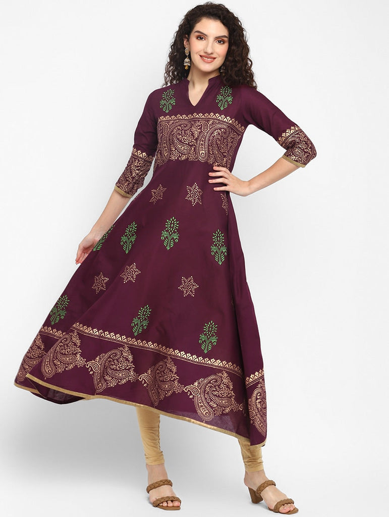 Women's Maroon Mandarin Neck Printed Anarkali Kurta