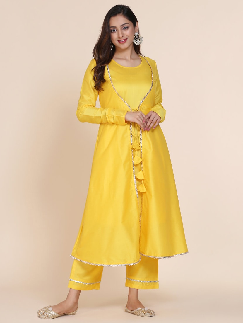 Women's Yellow Embellished Silk Blend Kurta & Pant Set - Cheera
