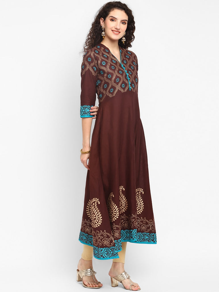 Women's Brown Mandarin Neck Printed Anarkali Kurta