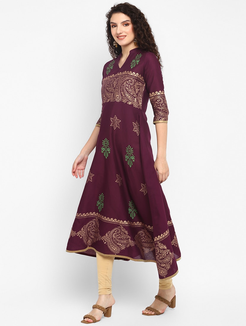 Women's Maroon Mandarin Neck Printed Anarkali Kurta - Taantav