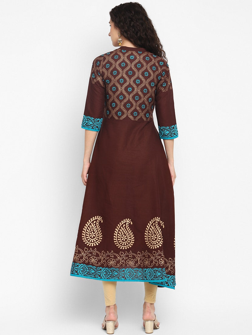 Women's Brown Mandarin Neck Printed Anarkali Kurta - Taantav