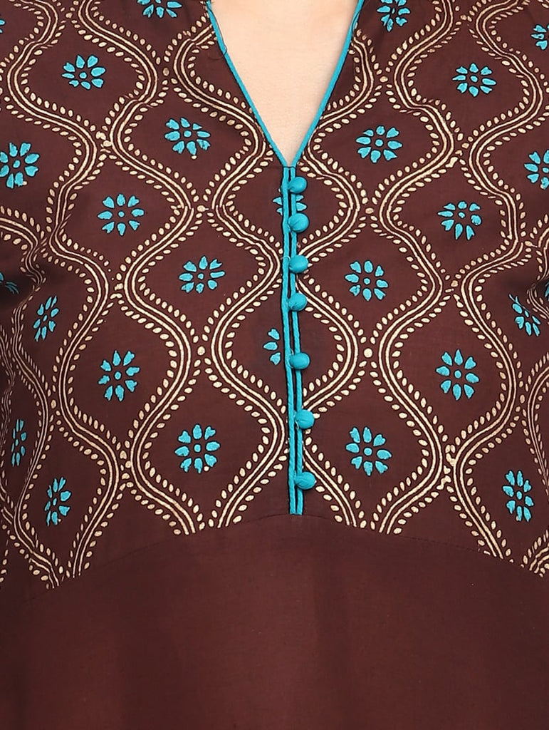 Women's Brown Mandarin Neck Printed Anarkali Kurta