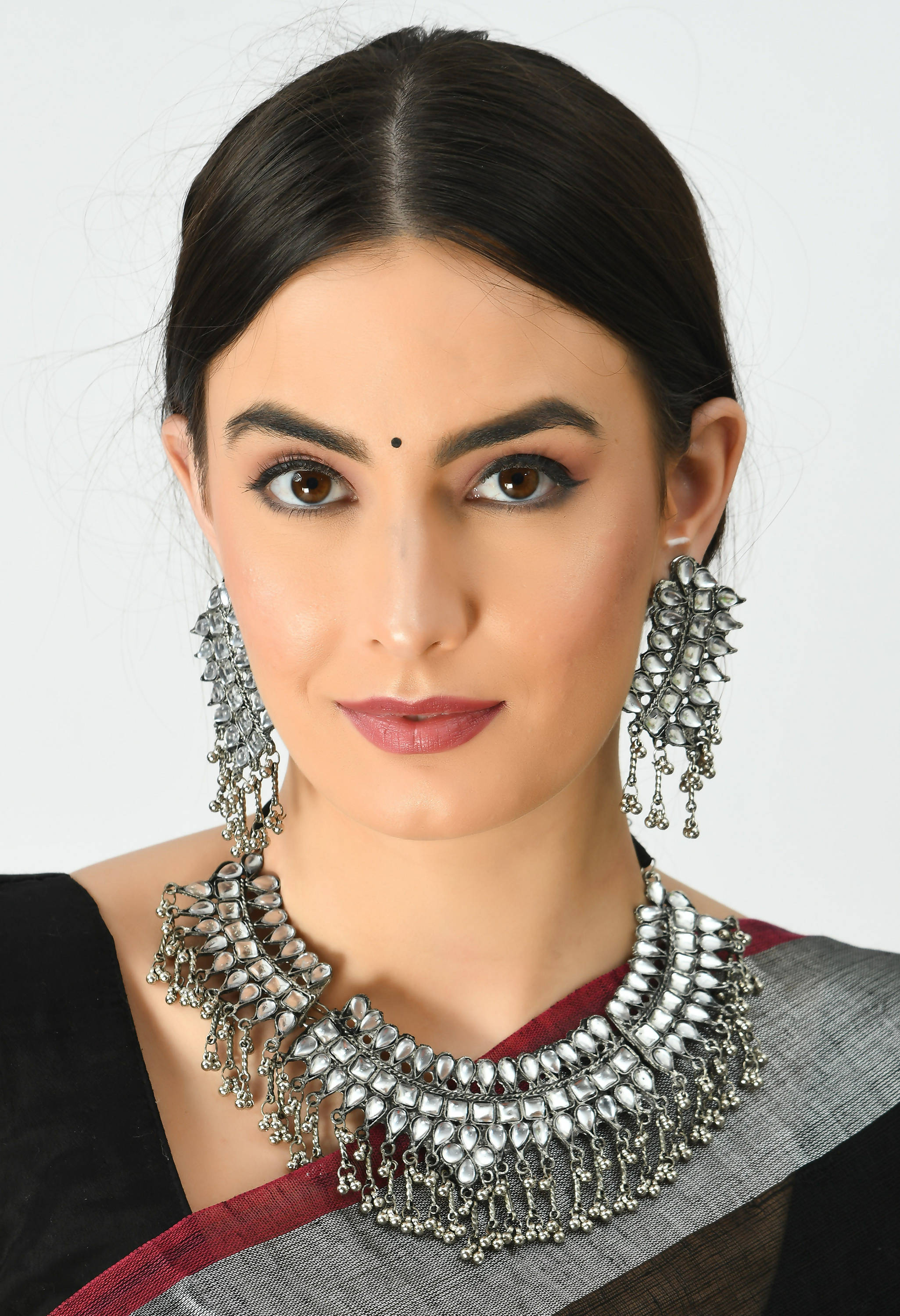 Kamal Johar Silver-Plated Kundan Necklace with Earrings white Mangal