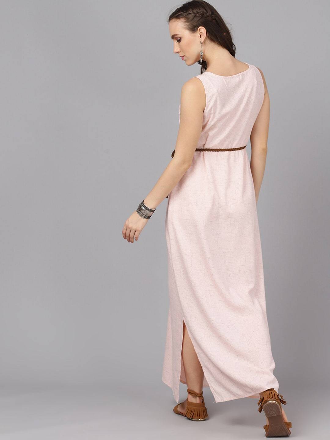 Women's  Peach-Coloured Self Design Maxi Dress - AKS