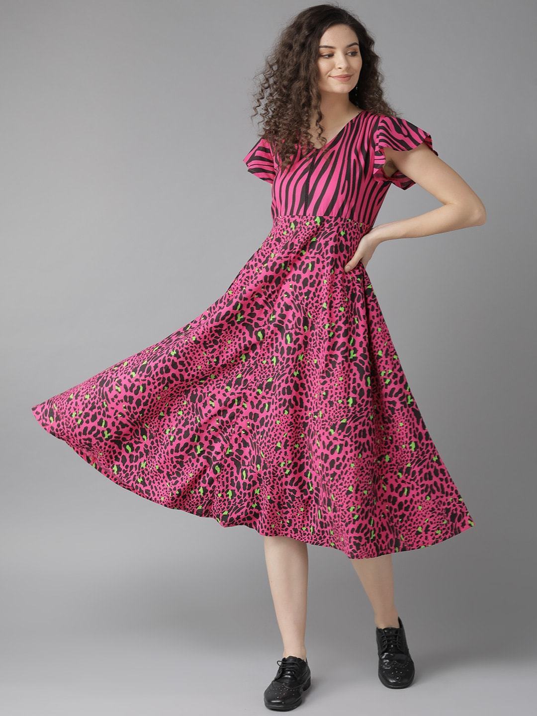 Women's  Pink & Black Animal Printed Fit and Flare Dress - AKS