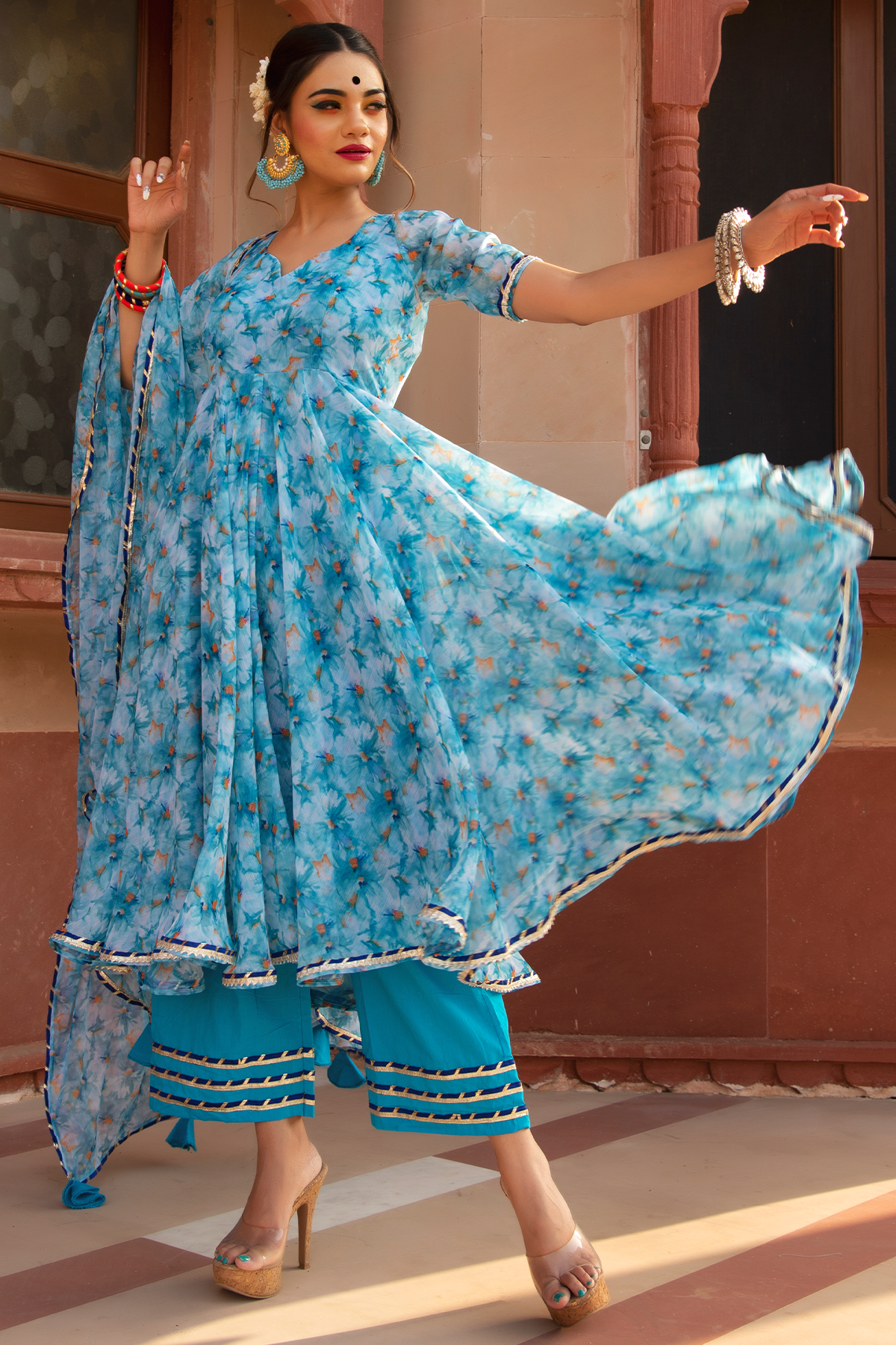 Women's lilly of nile chiffon anarkali suit set - Pomcha Jaipur