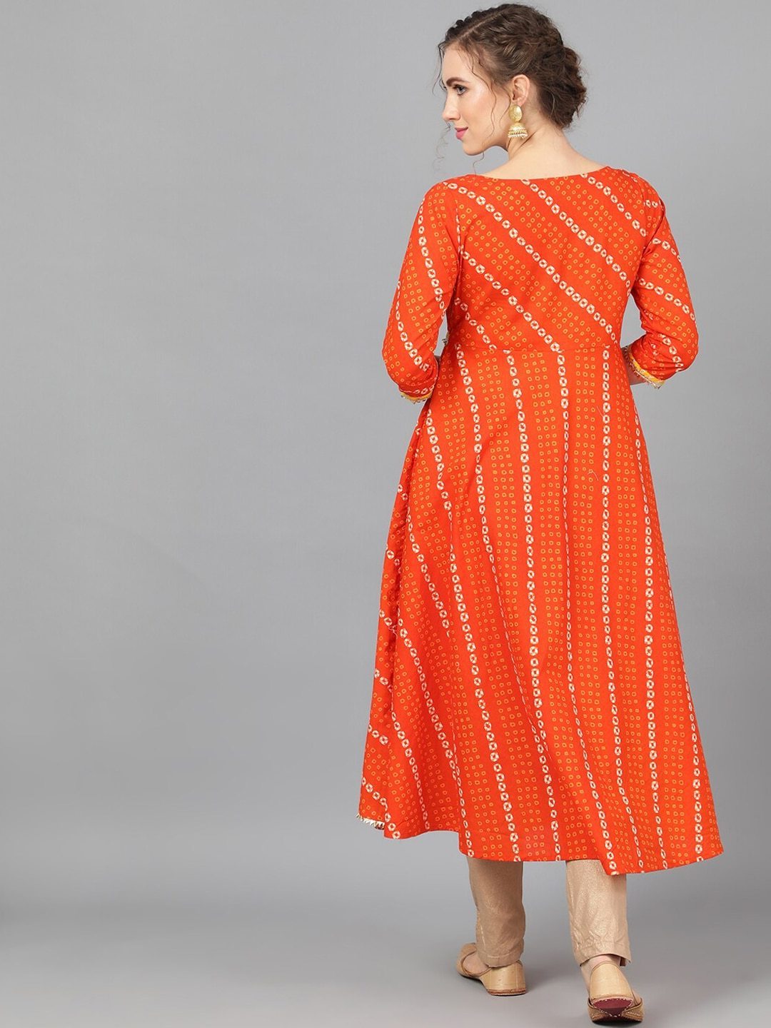 Women's  Orange & White Bandhani Printed A-Line Kurta - AKS