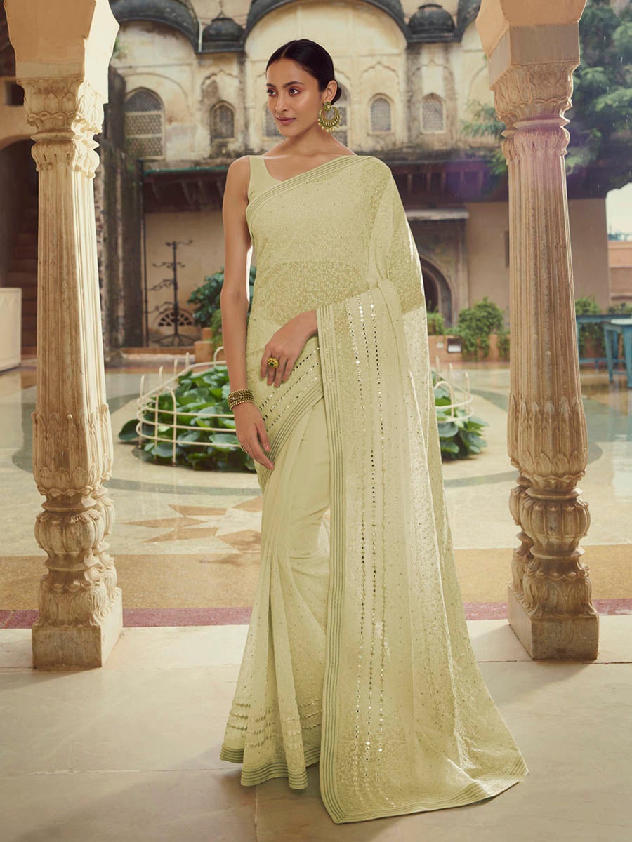 Women's Pista Green Embroidered Georgette Fancy saree-Myracouture