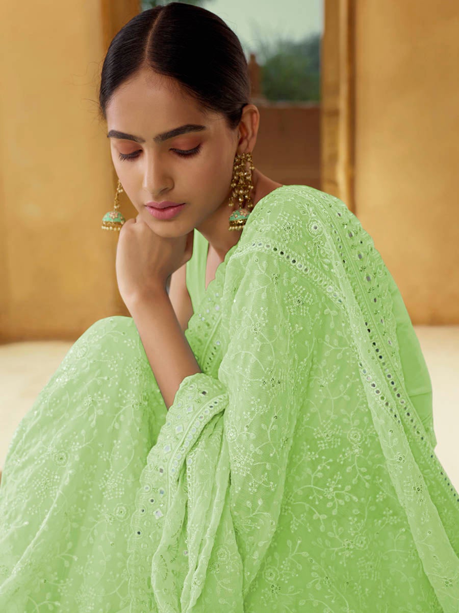 Women's Green Embroidered Georgette Fancy saree-Myracouture