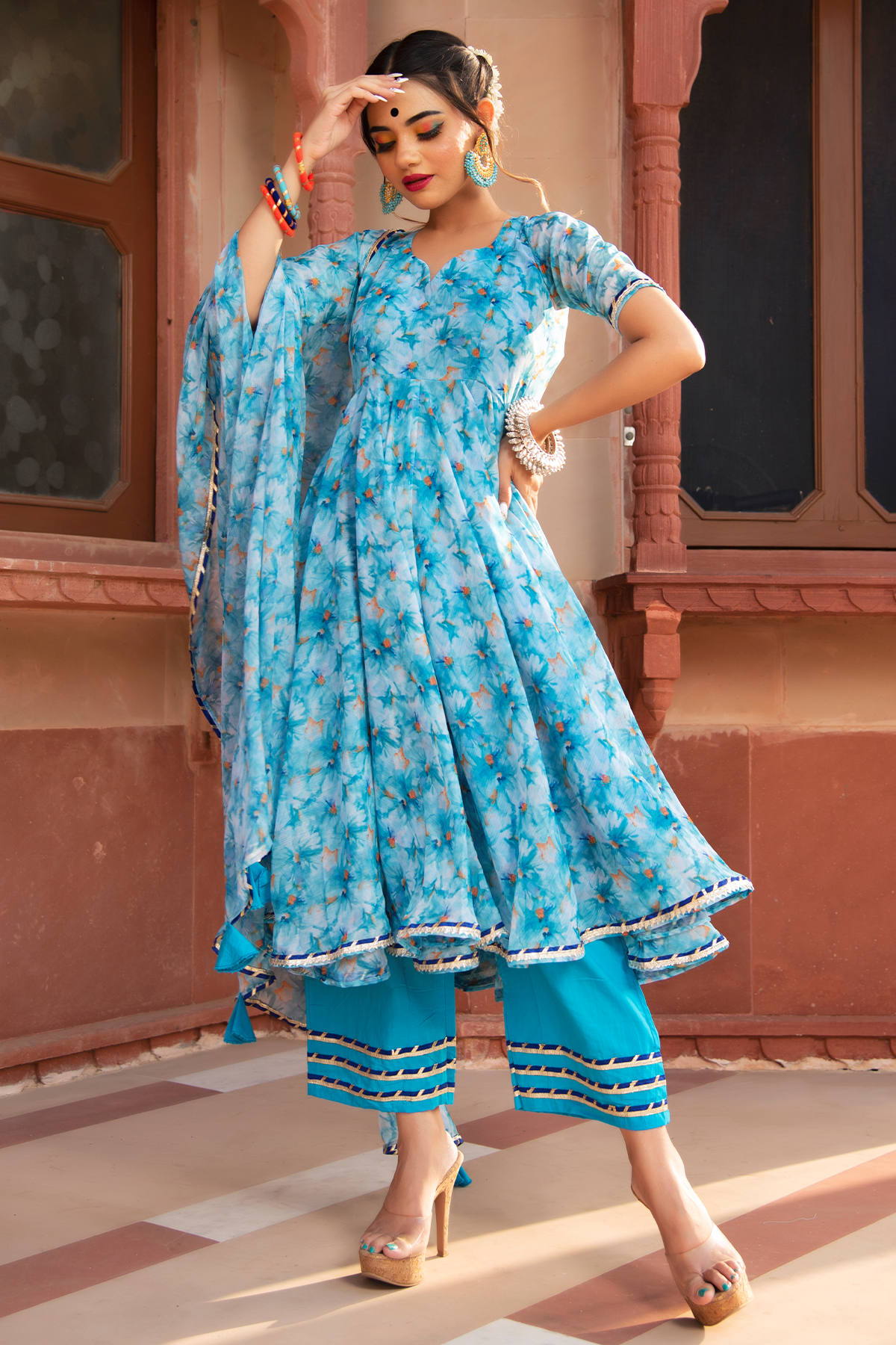 Women's lilly of nile chiffon anarkali suit set - Pomcha Jaipur