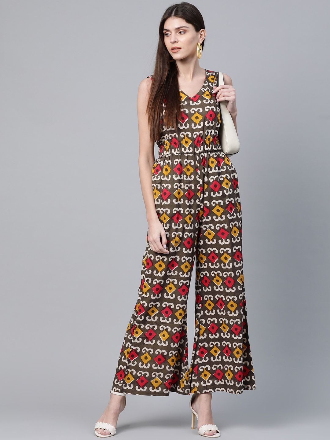 Women's  Olive Brown & Red Printed Basic Jumpsuit - AKS