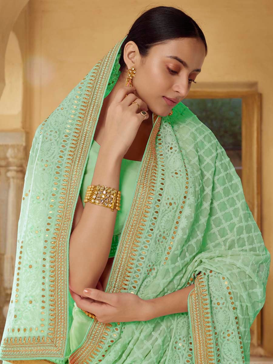 Women's Pear Green Embroidered Georgette Fancy saree-Myracouture