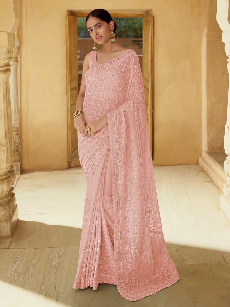 Women's Peach Embroidered Georgette Fancy saree-Myracouture