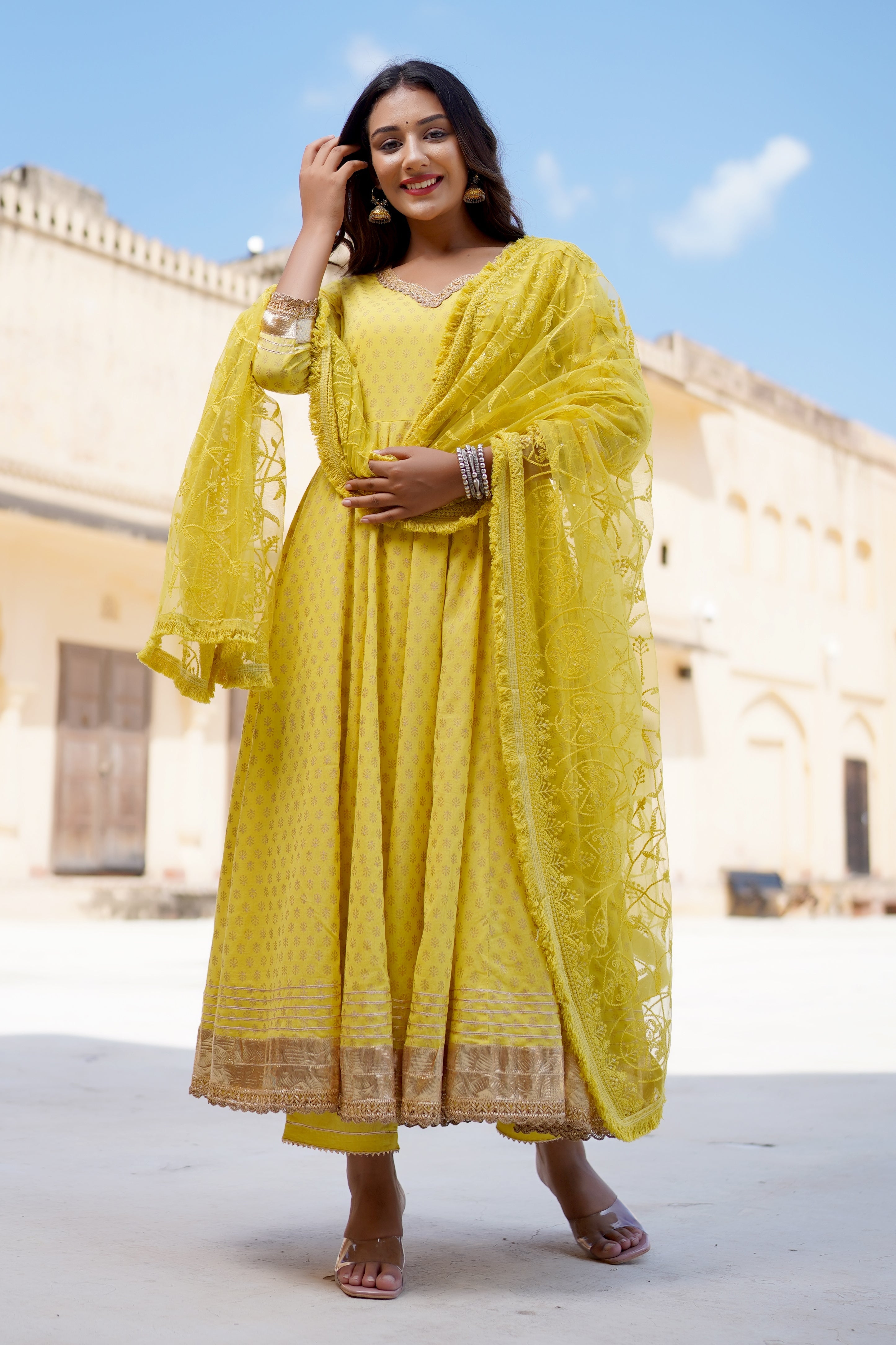 Women's Golden Yellow Flared Anarkali Suit Set - Hatheli
