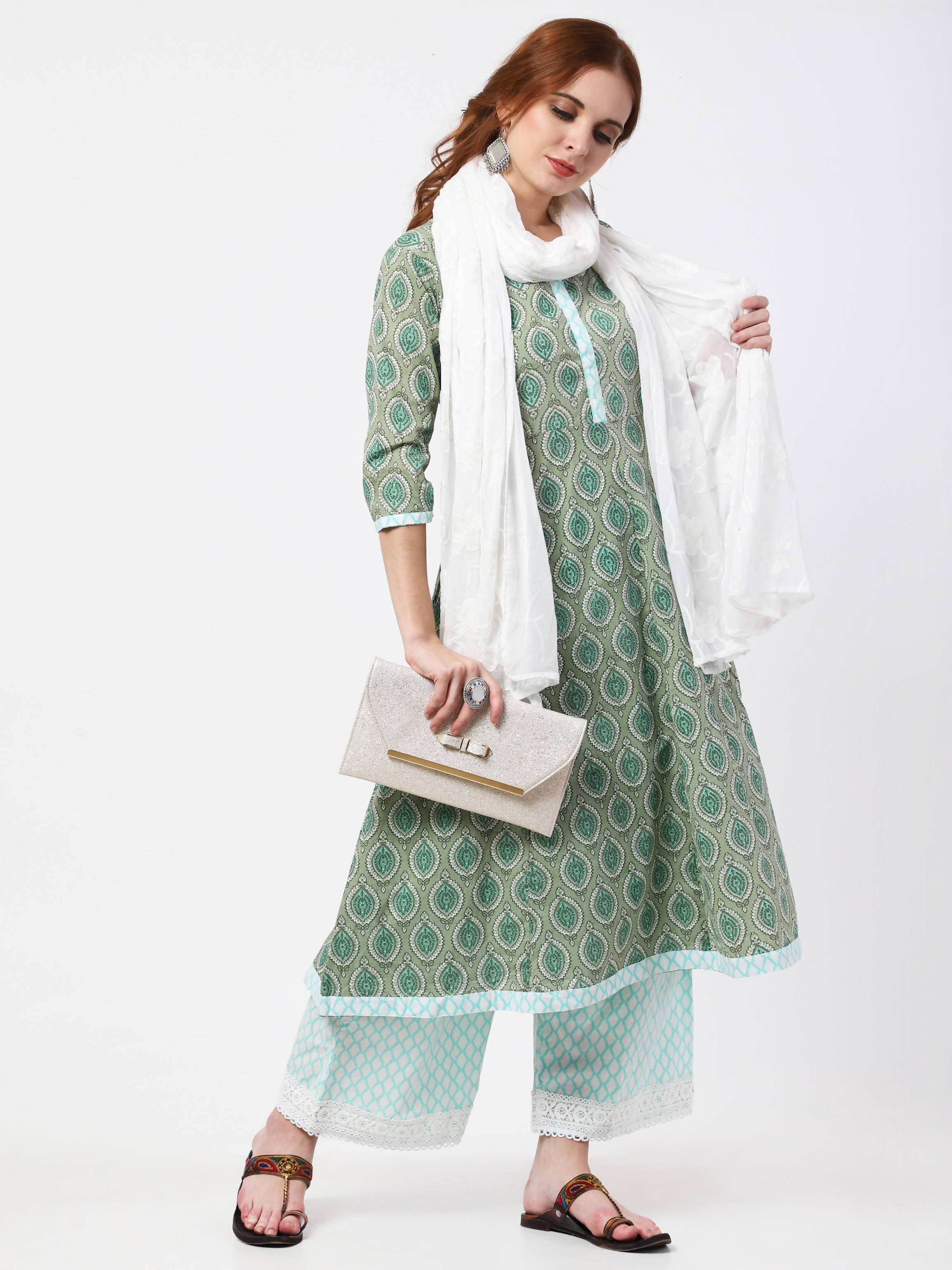 Women's Green & Off White 100% Cotton Anarkali Kurta Palazzo Pant & Embroidered Dupatta Set - Cheera