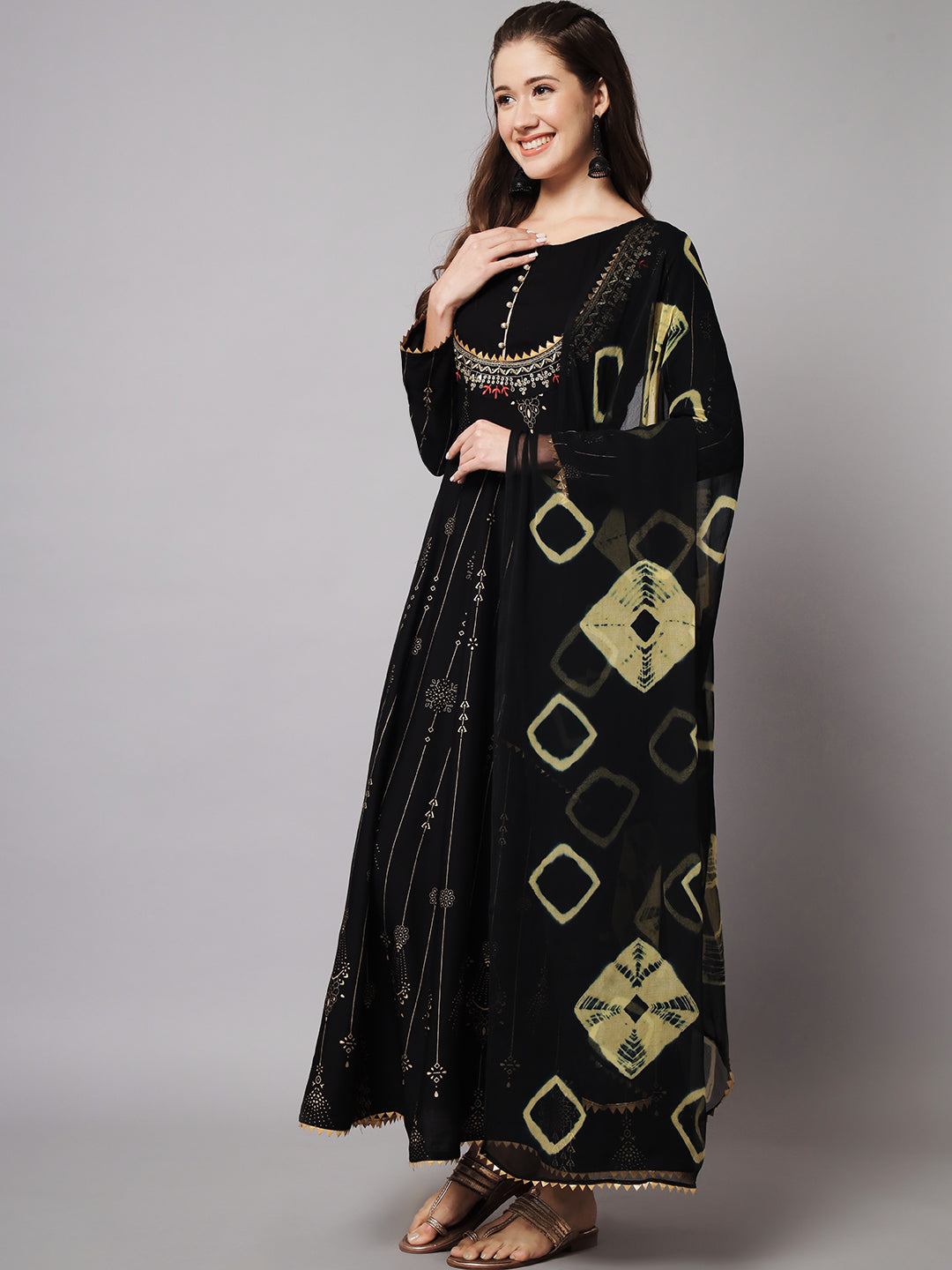 Women's Black & Gold Ethnic Motifs Maxi Dress - Meeranshi
