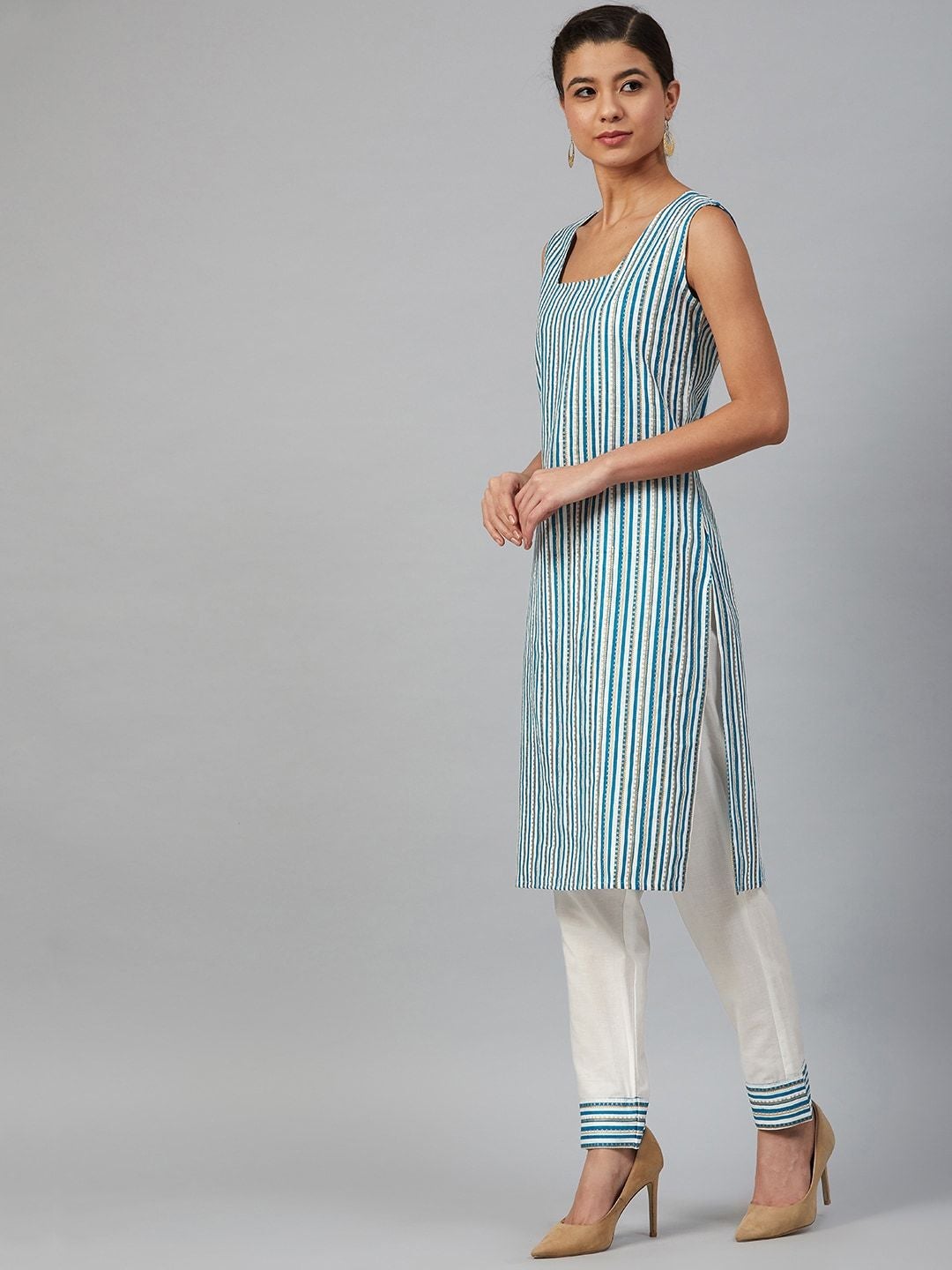 Women's Blue & Off-White Striped Kurta with Trousers - Meeranshi