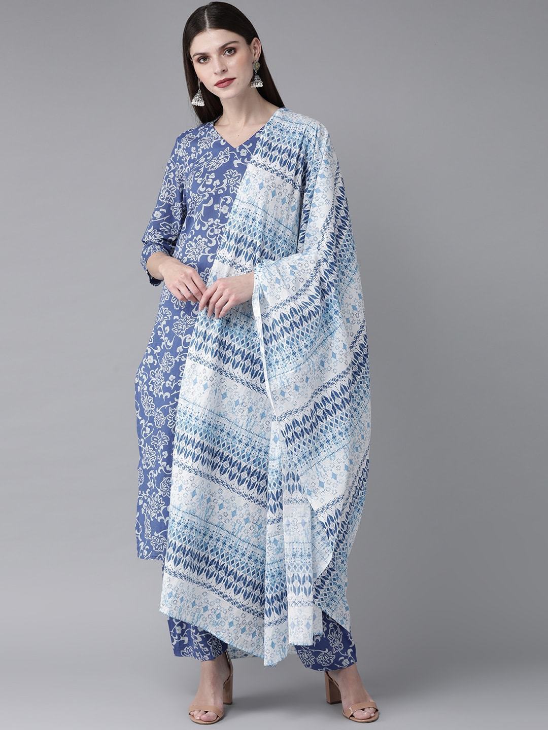 Women's  Blue & White Printed Kurta with Salwar & Dupatta - AKS