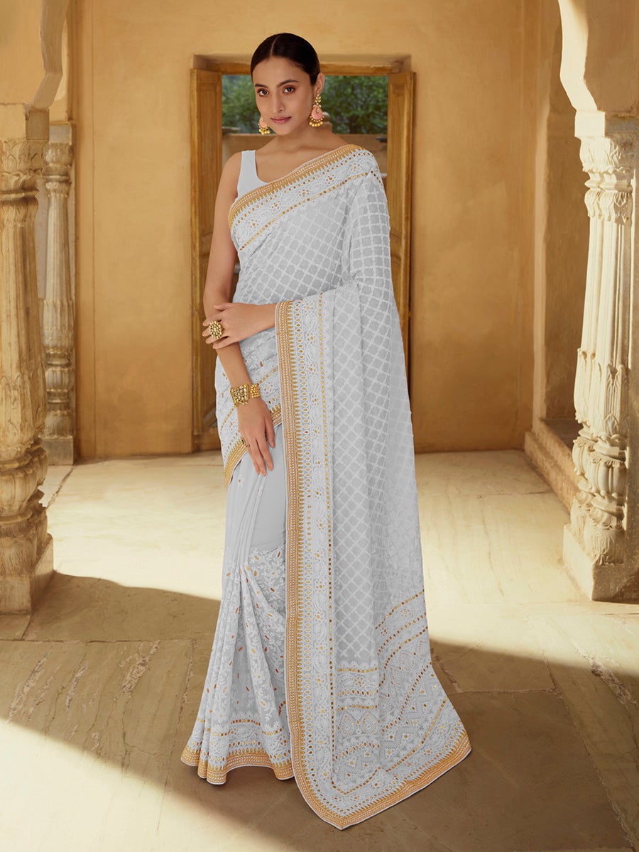 Women's Grey Embroidered Georgette Fancy saree-Myracouture