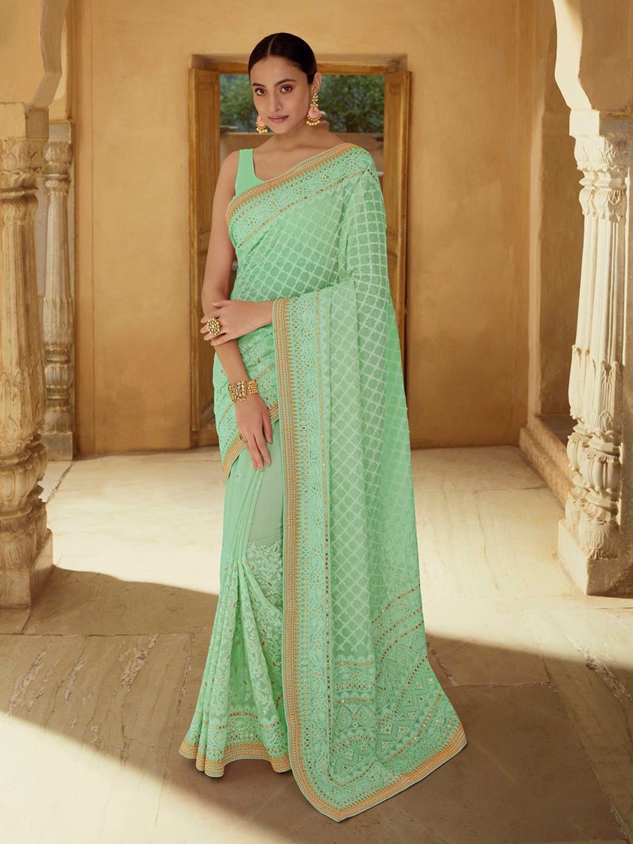 Women's Pear Green Embroidered Georgette Fancy saree-Myracouture