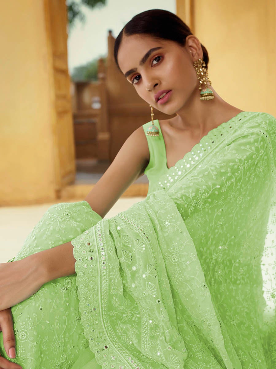 Women's Green Embroidered Georgette Fancy saree-Myracouture