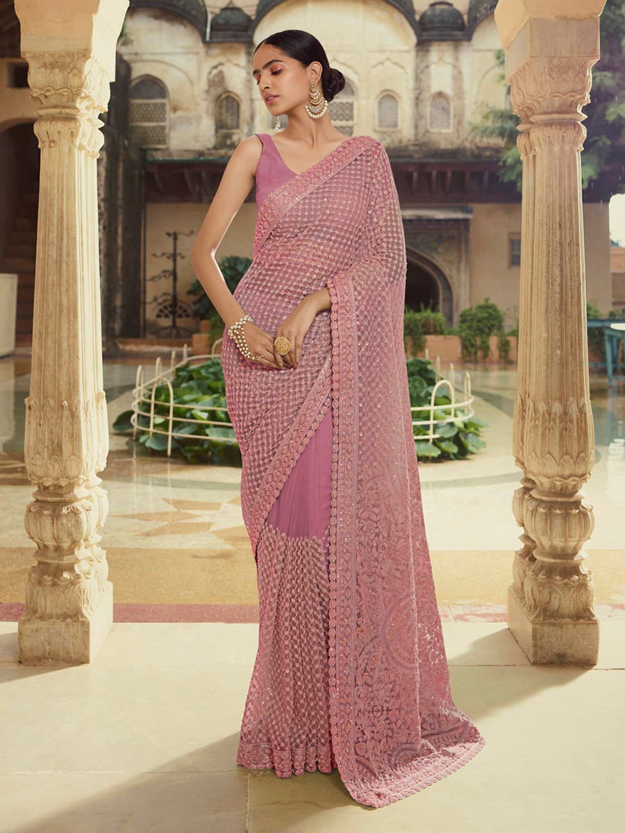 Women's Purple Embroidered Soft Net Fancy saree-Myracouture