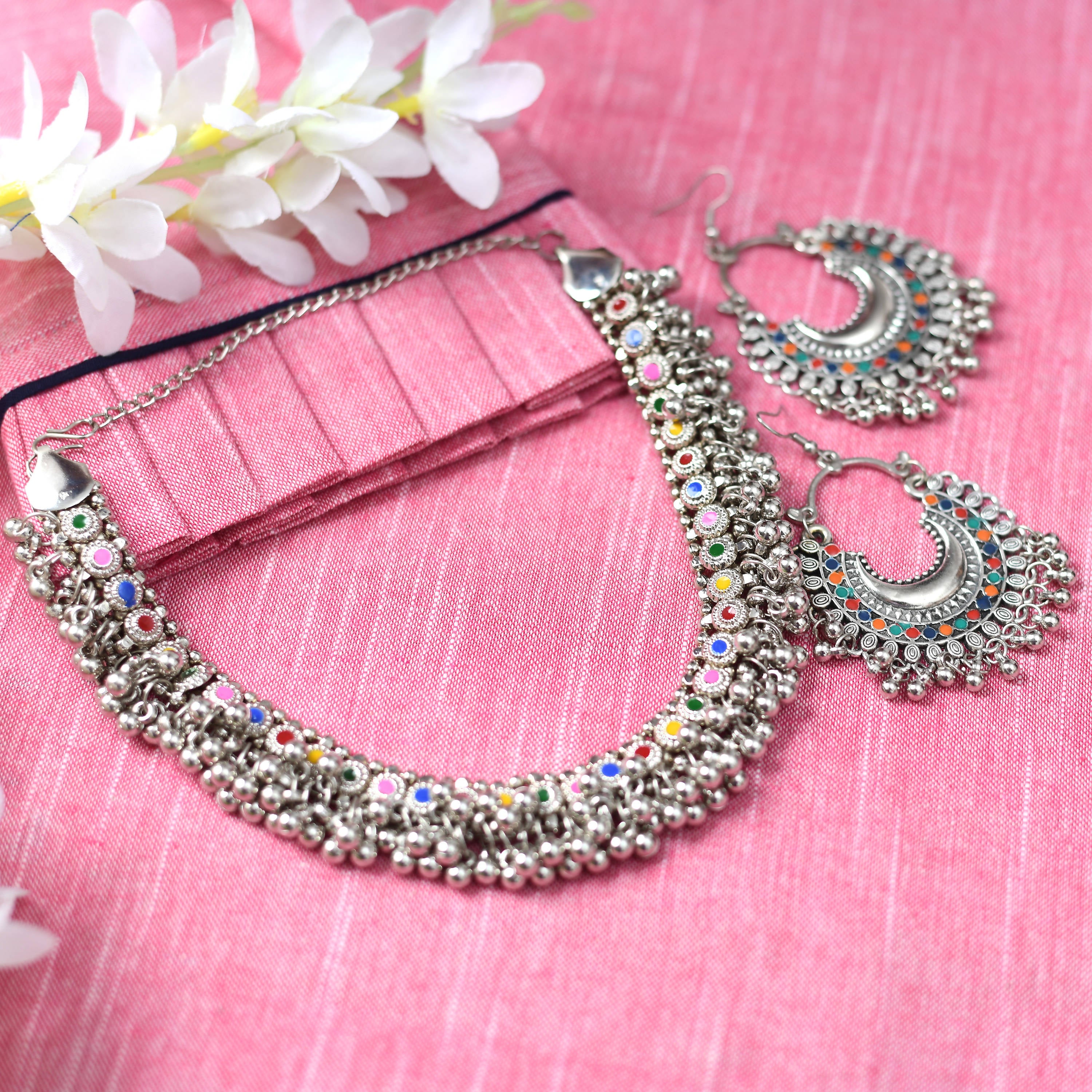 Kamal Johar Traditional Multi colour Necklace with Earrings Jkms_105