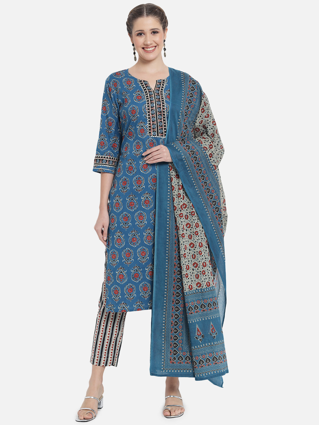 Women's Blue Floral Printed Kurta with Trousers & Dupatta - MEERANSHI