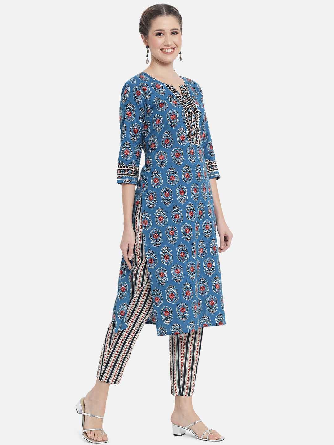 Women's Blue Floral Printed Kurta with Trousers & Dupatta - MEERANSHI