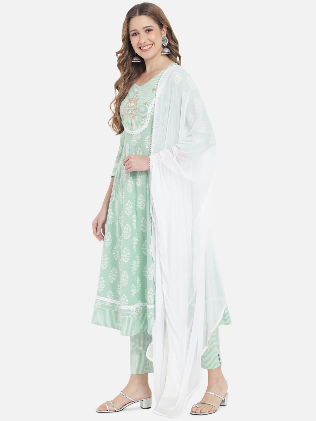 Women's Lime Green & White Printed Pure Cotton Kurta with Trousers & Dupatta - Meeranshi