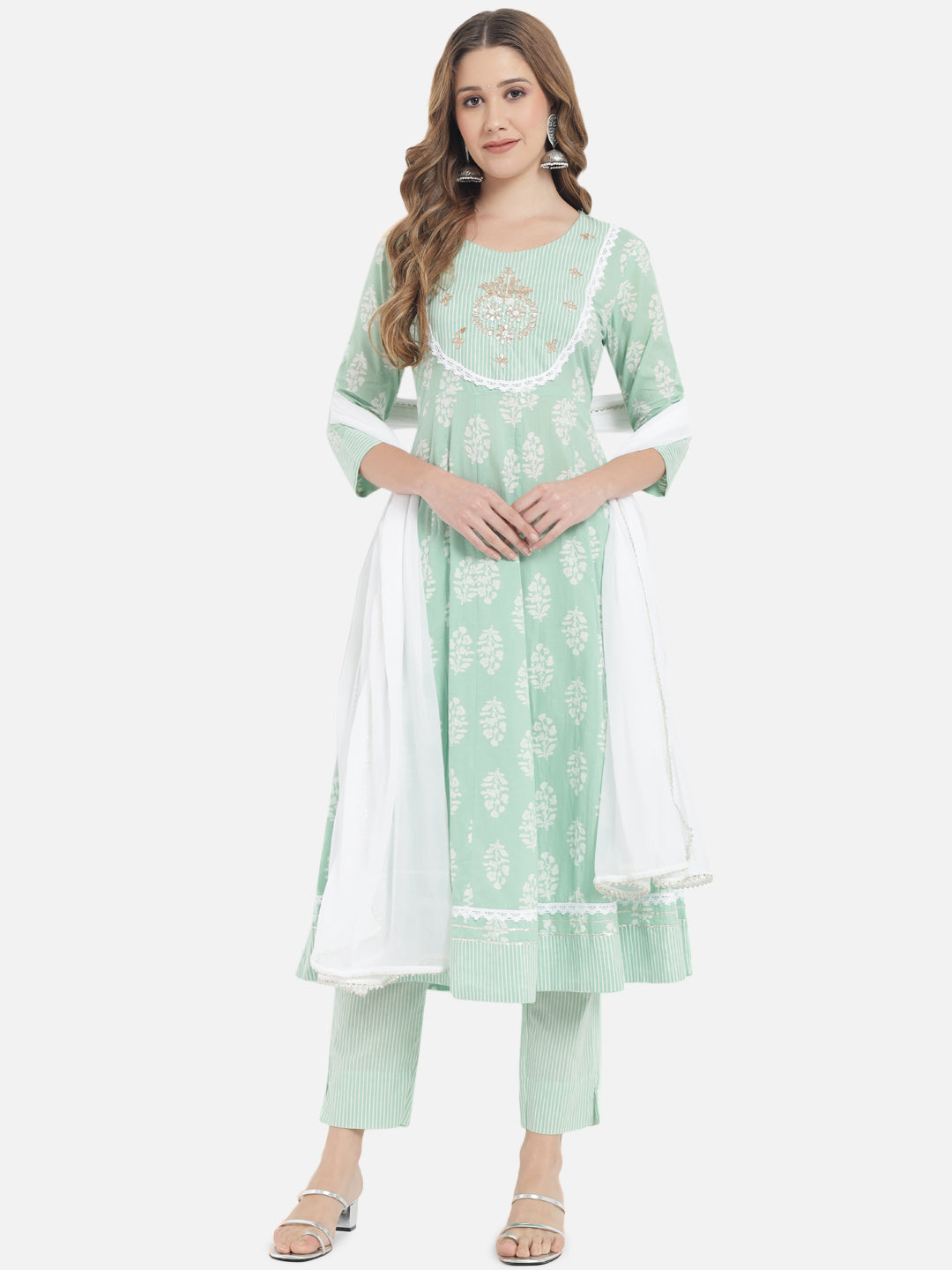Women's Lime Green & White Printed Pure Cotton Kurta with Trousers & Dupatta - Meeranshi
