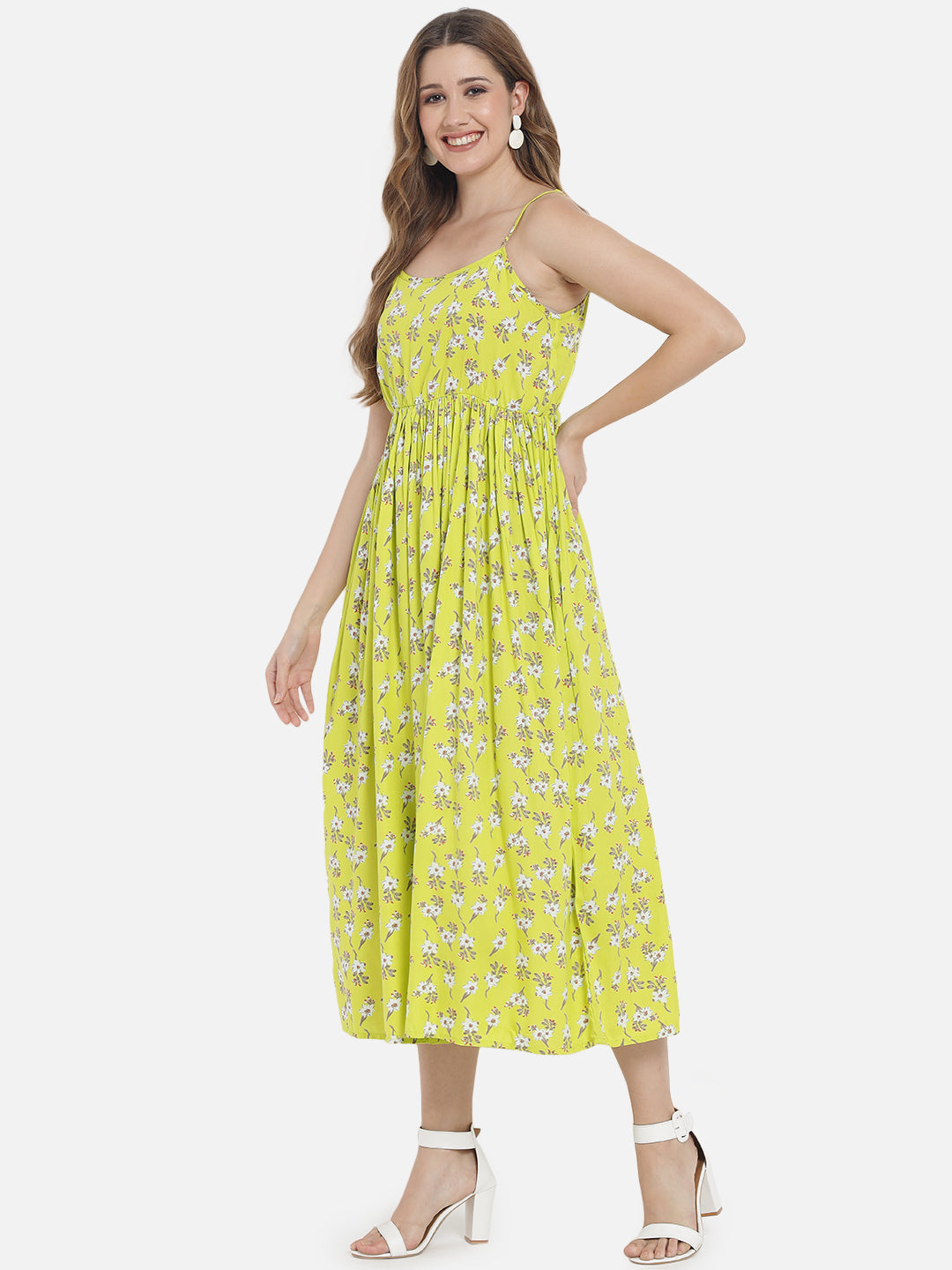 Women's Neon Green Printed Sleeveless maxi Dress - Meeranshi