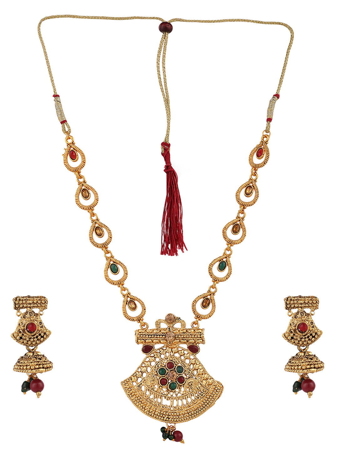 Women's Gold Tone Traditional Stone And Pearl Brass Necklace With Earring - Anikas Creation