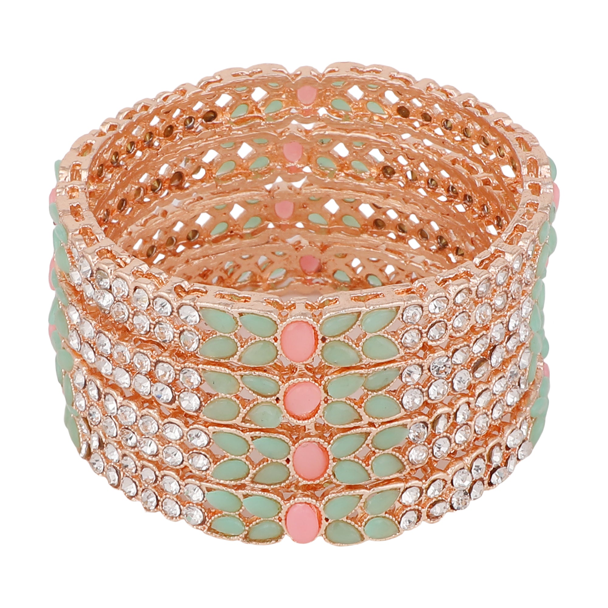 Women's Set Of 2 Rose Gold-Plated & Sea-Green Baby Pink Ad-Studded Bangles - Anikas Creation