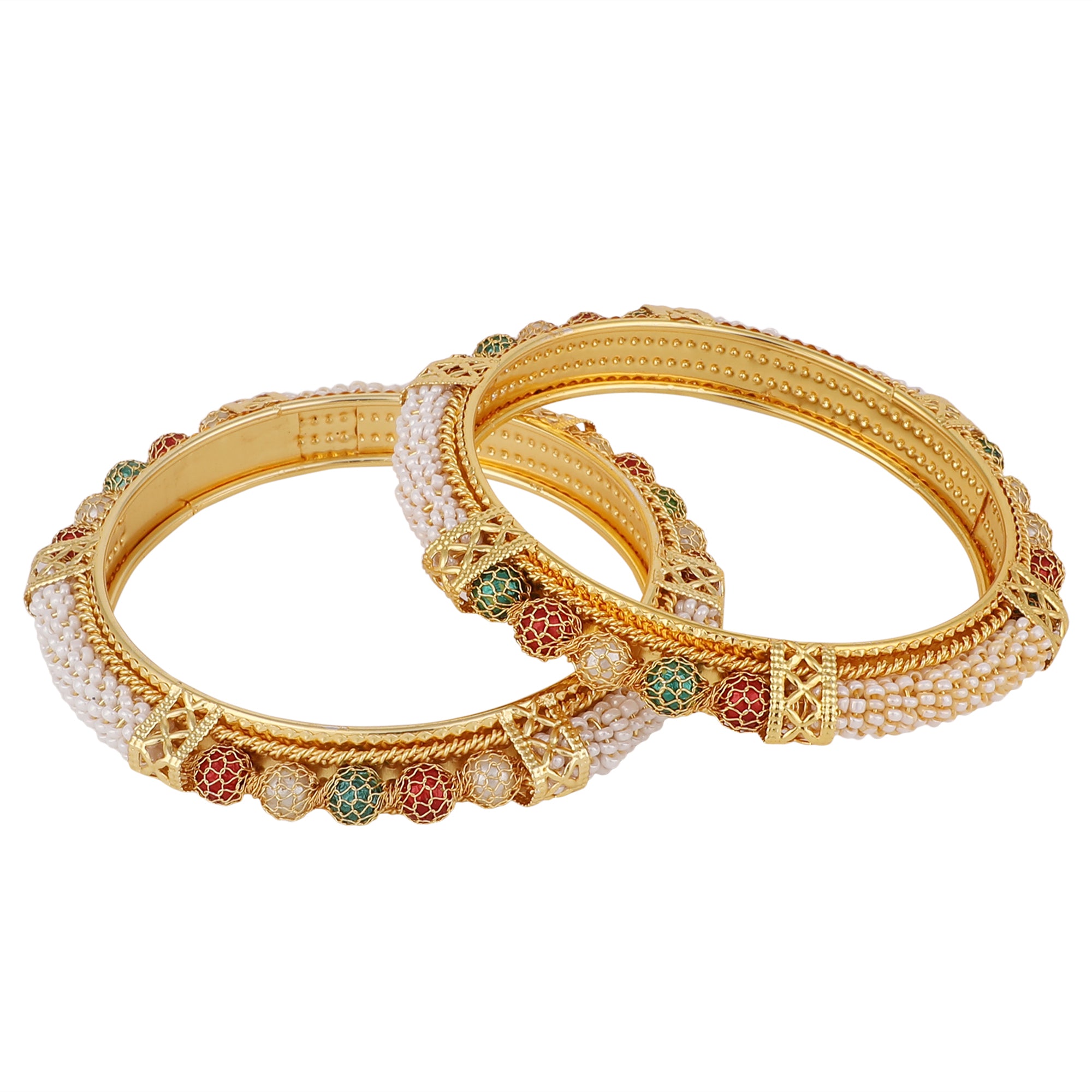 Women's Set Of 2 Gold Plated Pearl Studded & Beaded Bangles - Anikas Creation