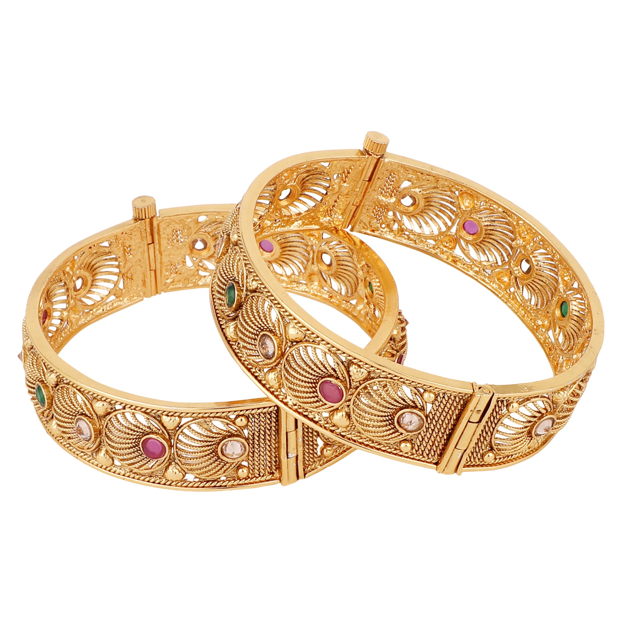 Women's Set Of 2 24K Gold-Plated Red & Green Ruby Stone-Studded Filigree Hand Crafted Bangles - Anikas Creation