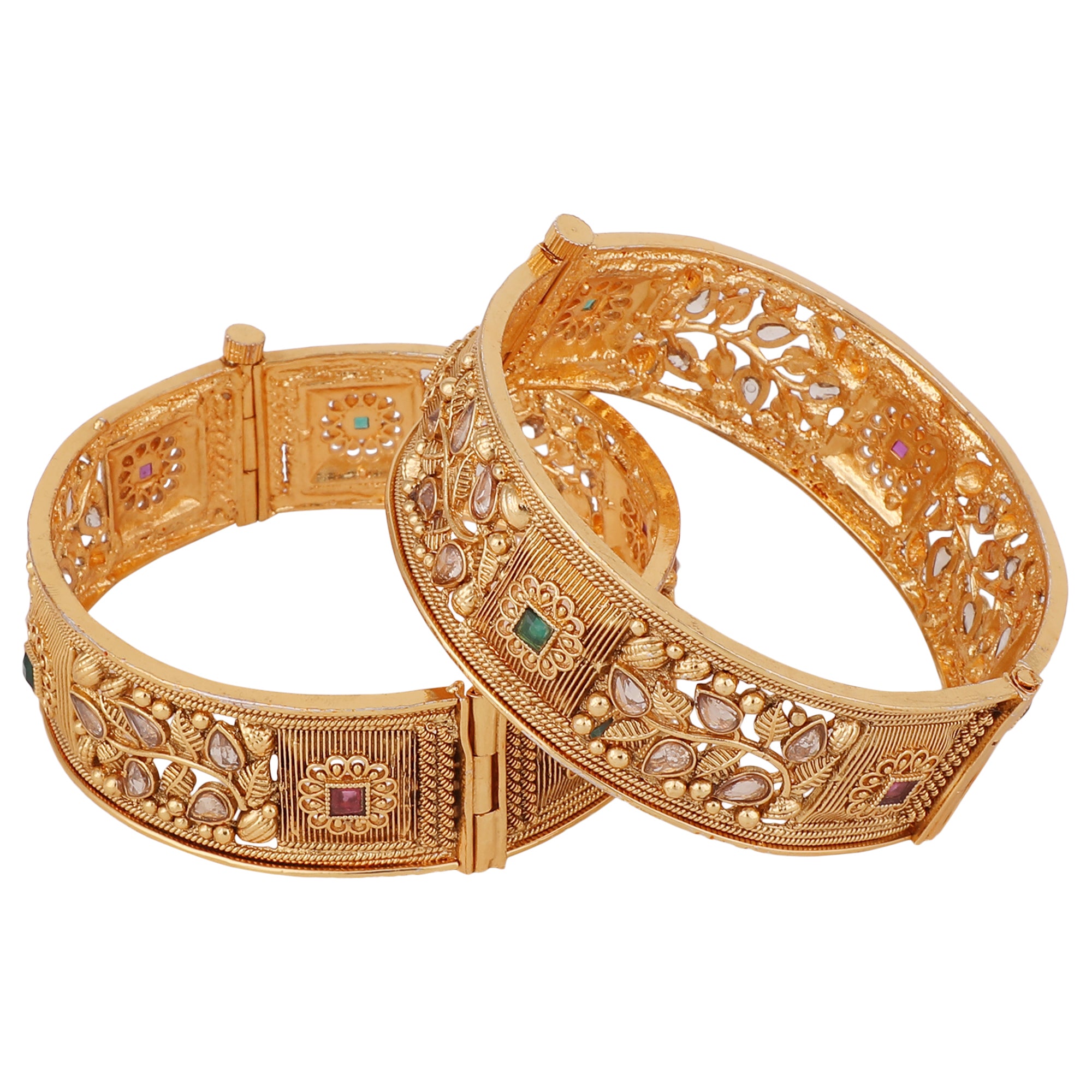 Women's Set Of 2 Gold-Plated Red & Green Stone-Studded Antique Bangles - Anikas Creation
