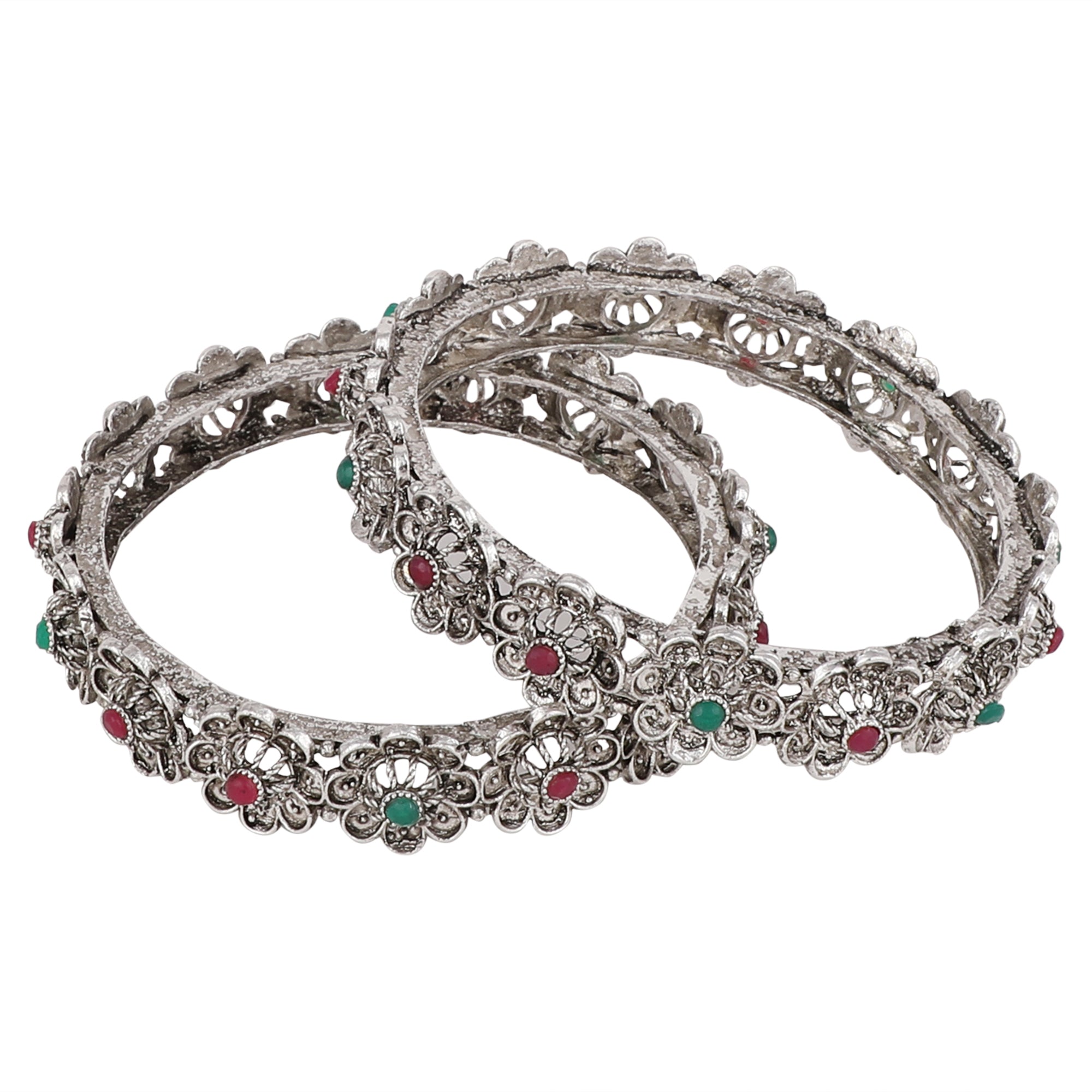Women's Set Of 2 Silver-Toned Pink& Green Oxidised Stone Studded Bangles - Anikas Creation