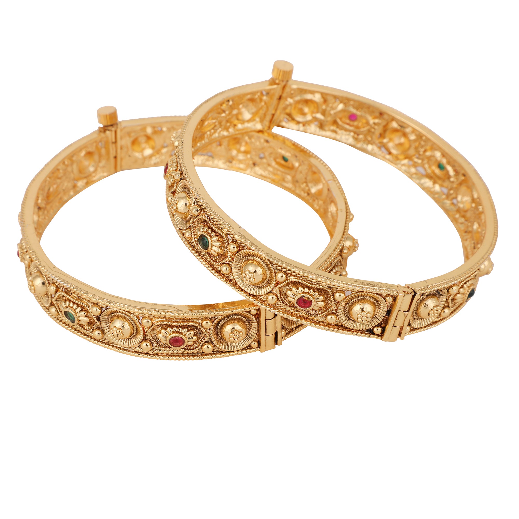 Women's Set Of 2 24K Gold-Plated & Pink Stone-Studded Hand Crafted Filigree Bangles - Anikas Creation