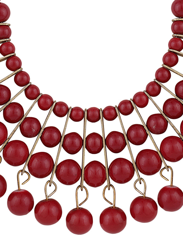 Women's Designer Red Bead Stacked Gold-Plated Collar Necklace